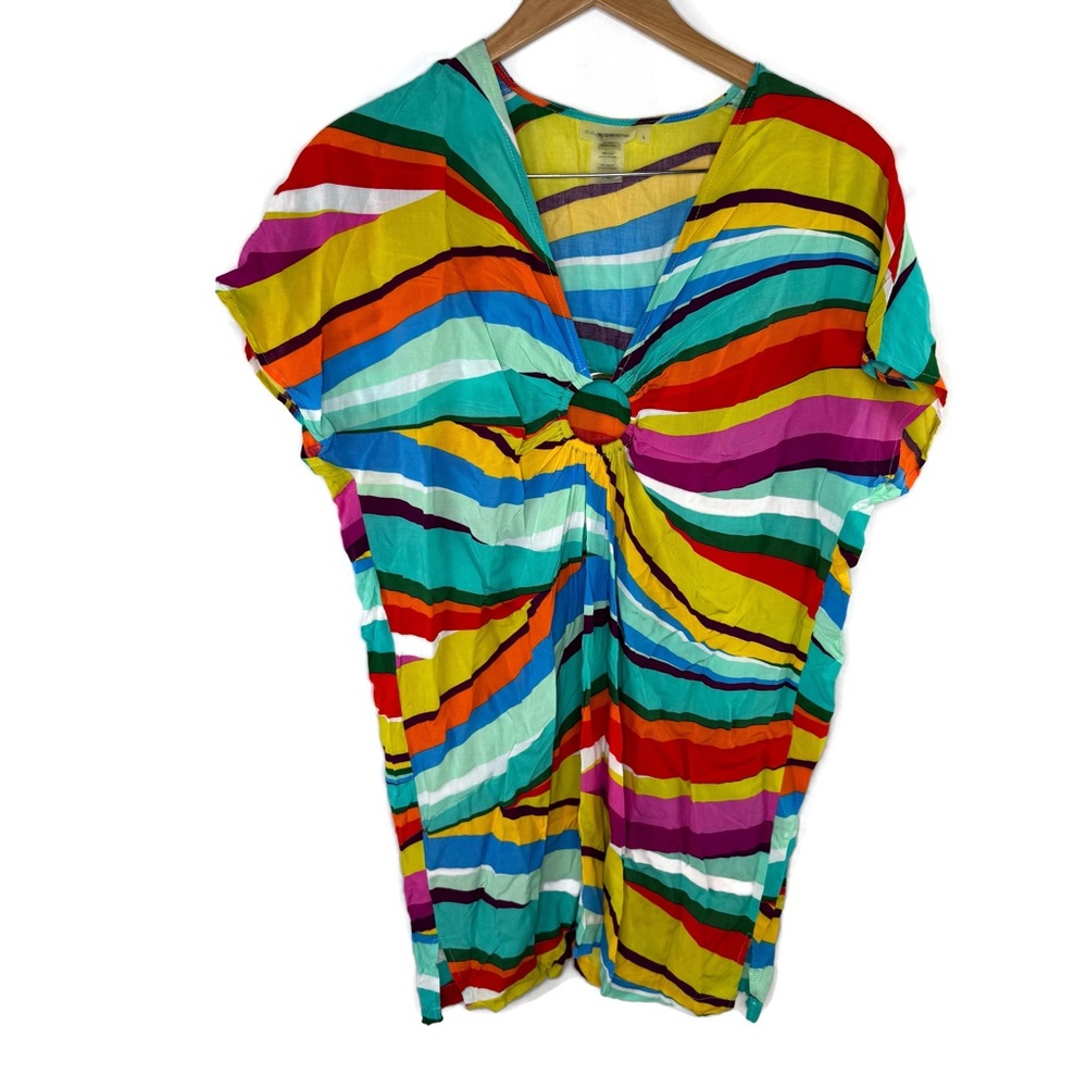 Bleu Rod Beattie Blue and Yellow Cap Sleeve Ring Tunic Swim Coverup Large